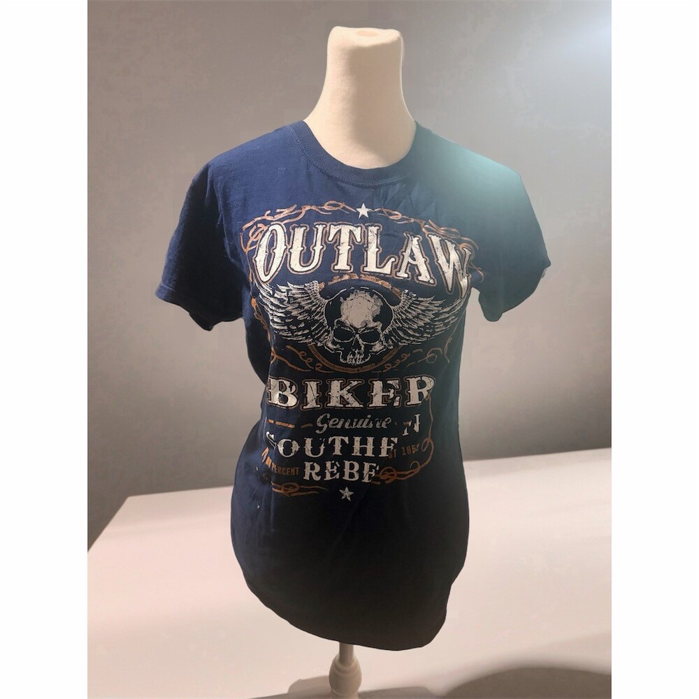 Handmade Fruit of the Loom T-Shirt Women’s Size S Navy Blue Outlaw Biker Skull